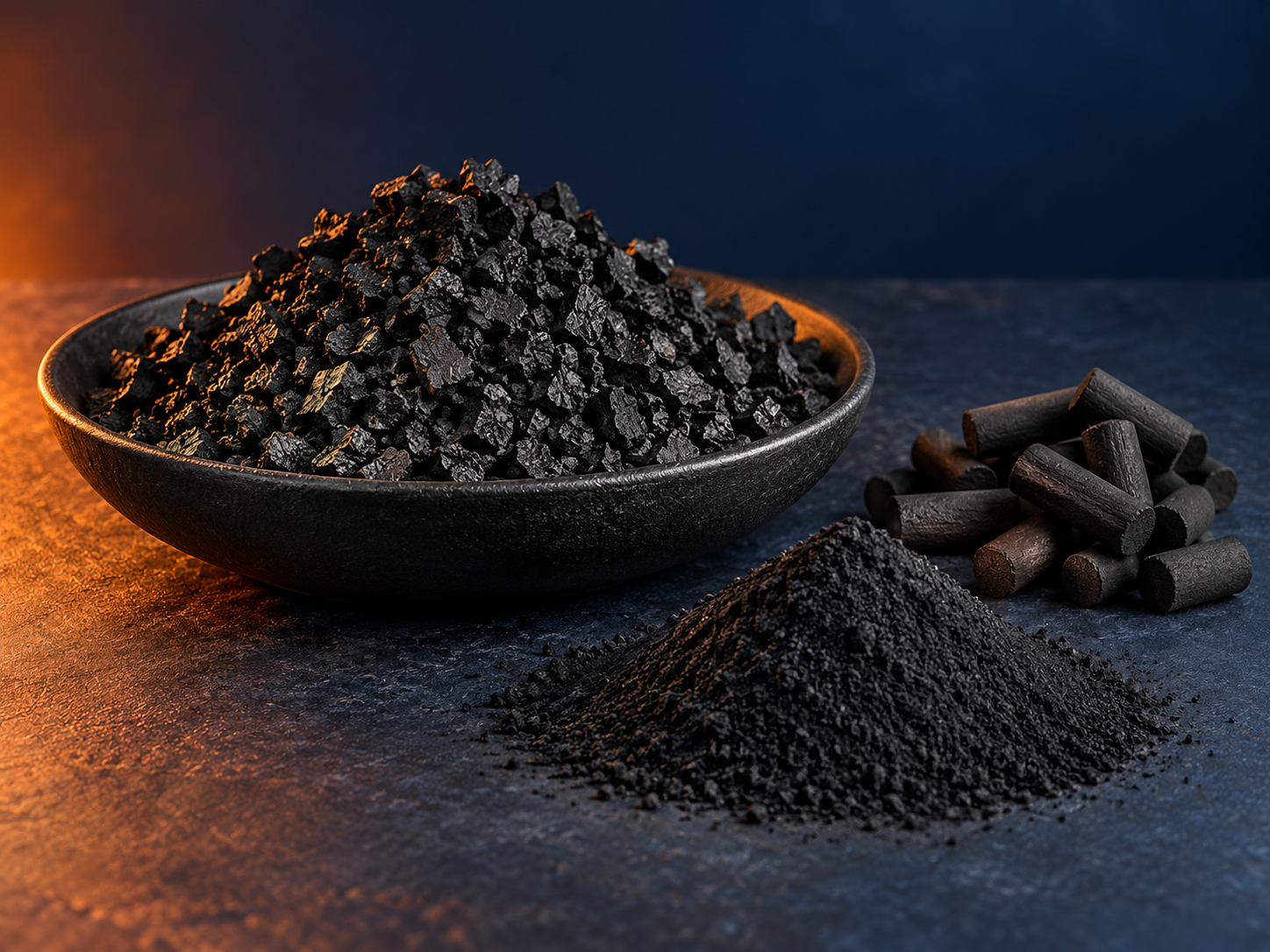 Black activated carbon granules, powder and pellets in a navy studio setting